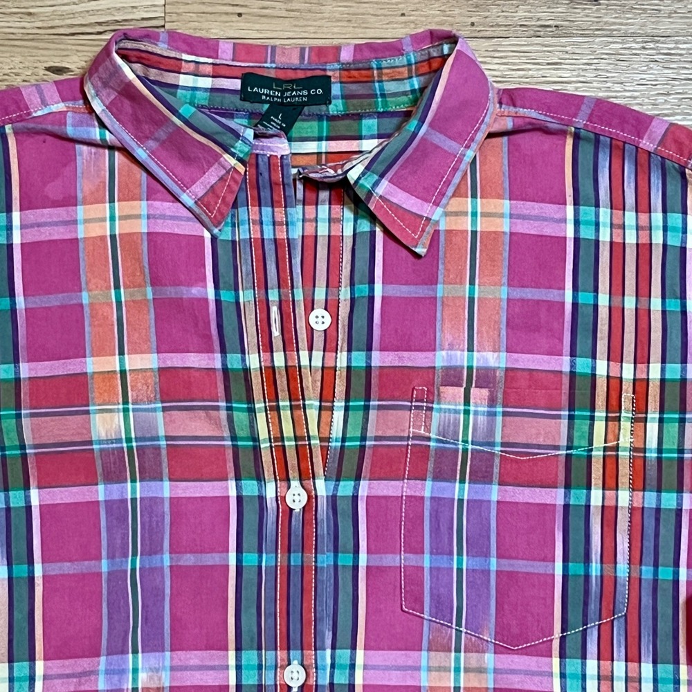 LRL Lauren Jeans Co RL Button Down Shirt Womens L Pink Plaid Cotton Hi Low Top - Picture 5 of 10
